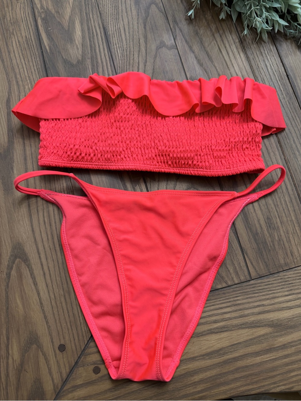 Ruffle Bandeau Two-Piece Swim Set in Bright Coral